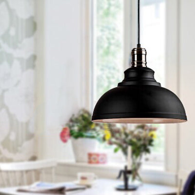 Plafonnier suspendu métallique de style industriel - 12"/14"/16" de diamètre, 1 lampe, abat-jour en forme de bol, intérieur noir/blanc