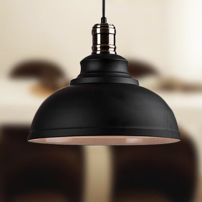 Plafonnier suspendu métallique de style industriel - 12"/14"/16" de diamètre, 1 lampe, abat-jour en forme de bol, intérieur noir/blanc