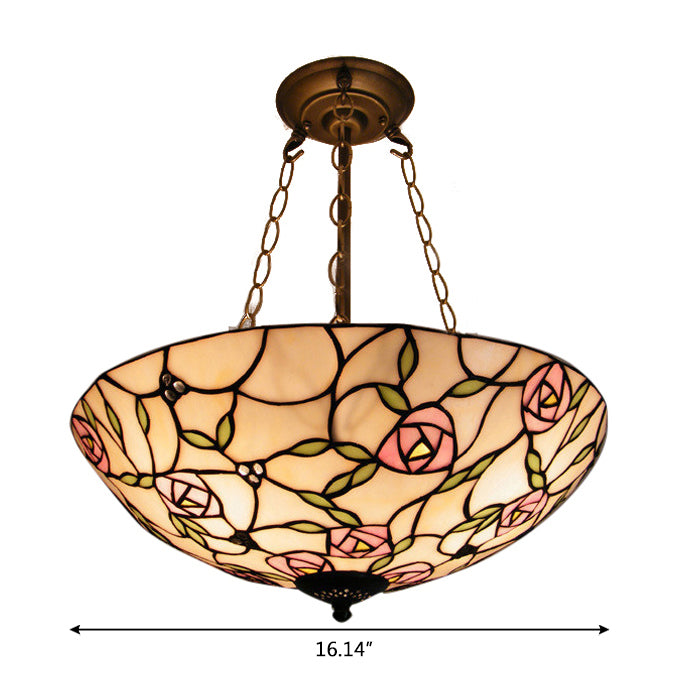 Plafonnier LED Tiffany en vitrail à 3 lumières, chaîne en laiton vieilli et motif rose