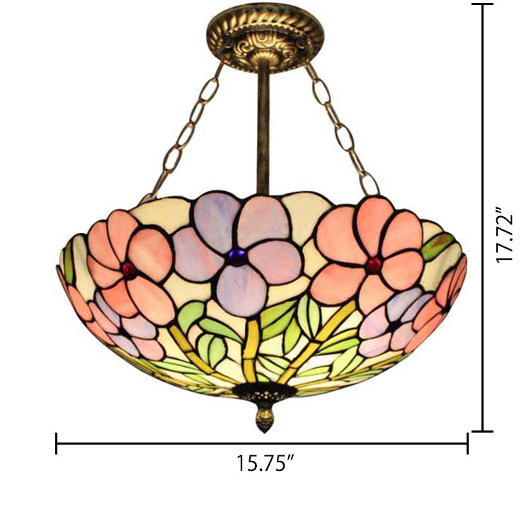 Plafonnier LED Tiffany en vitrail à 3 lumières, chaîne en laiton vieilli et motif rose