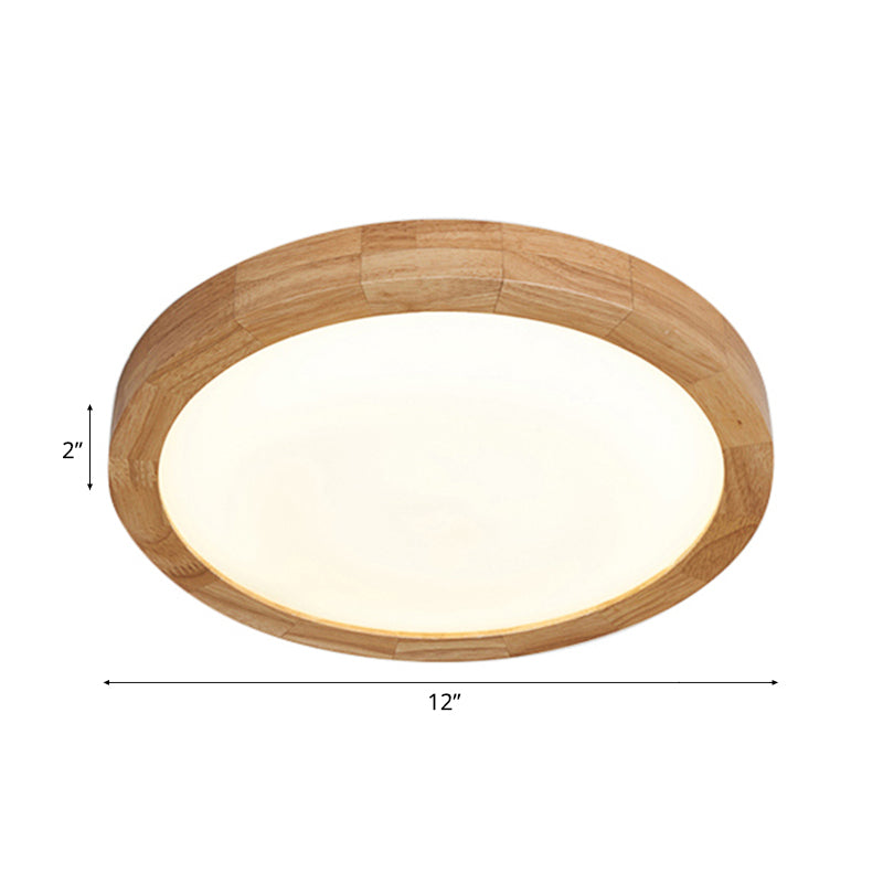 Contemporary Round Wood Flush Light Fixture for Bedroom - Single Light Ceiling Lamp (12"/16" Dia) in Warm/White Light