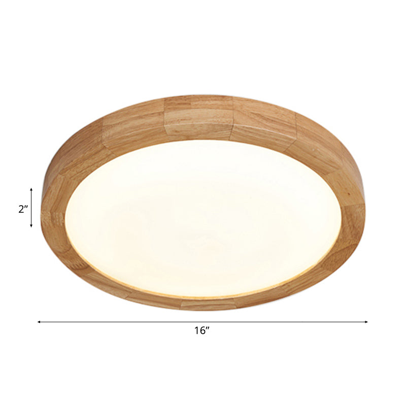 Contemporary Round Wood Flush Light Fixture for Bedroom - Single Light Ceiling Lamp (12"/16" Dia) in Warm/White Light