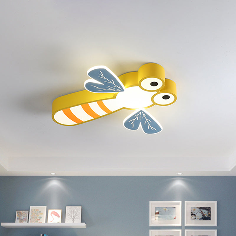 Dragonfly Bedroom Flushmount Light: Acrylic LED Cartoon Ceiling Lamp in Pink/Yellow