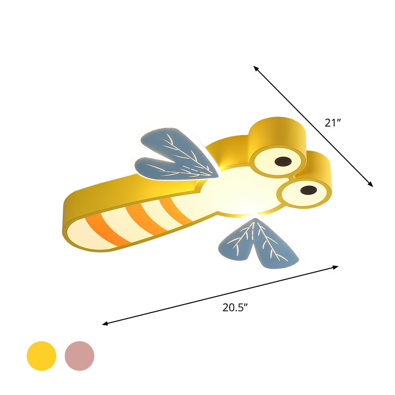 Dragonfly Bedroom Flushmount Light: Acrylic LED Cartoon Ceiling Lamp in Pink/Yellow