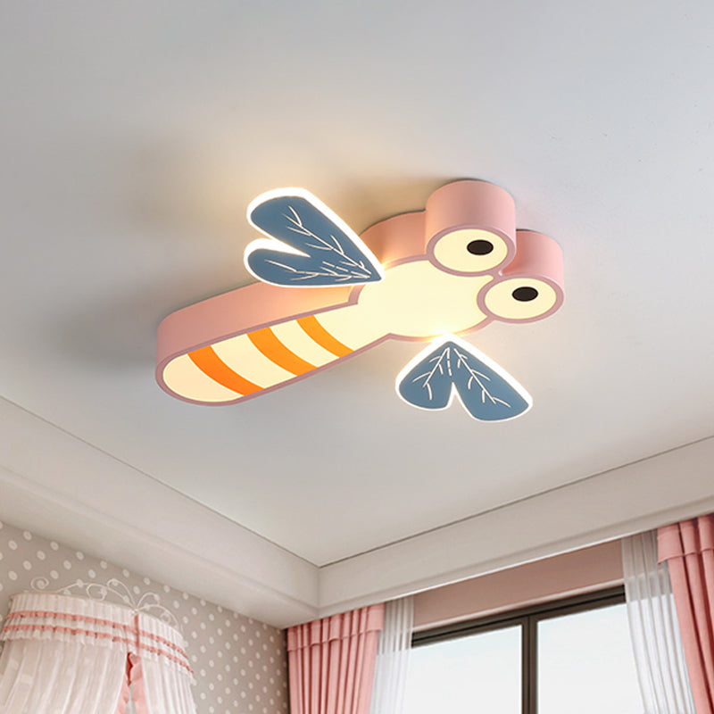 Dragonfly Bedroom Flushmount Light: Acrylic LED Cartoon Ceiling Lamp in Pink/Yellow