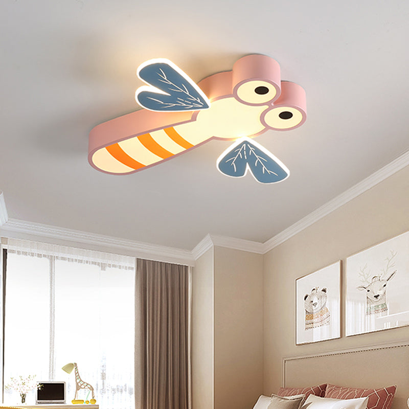 Dragonfly Bedroom Flushmount Light: Acrylic LED Cartoon Ceiling Lamp in Pink/Yellow
