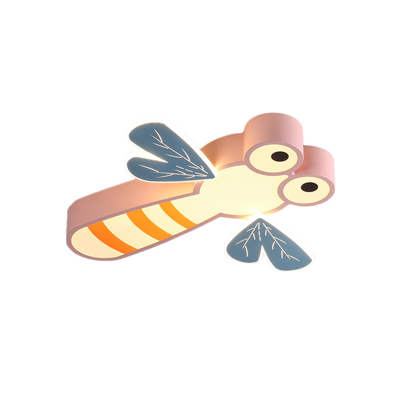 Dragonfly Bedroom Flushmount Light: Acrylic LED Cartoon Ceiling Lamp in Pink/Yellow