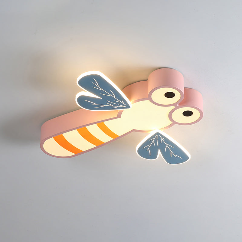 Dragonfly Bedroom Flushmount Light: Acrylic LED Cartoon Ceiling Lamp in Pink/Yellow