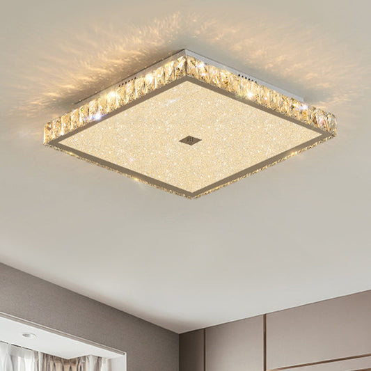 Modern Nickel Flush Mounted LED Lamp with Squared Crystal Facets for Bedroom Lighting