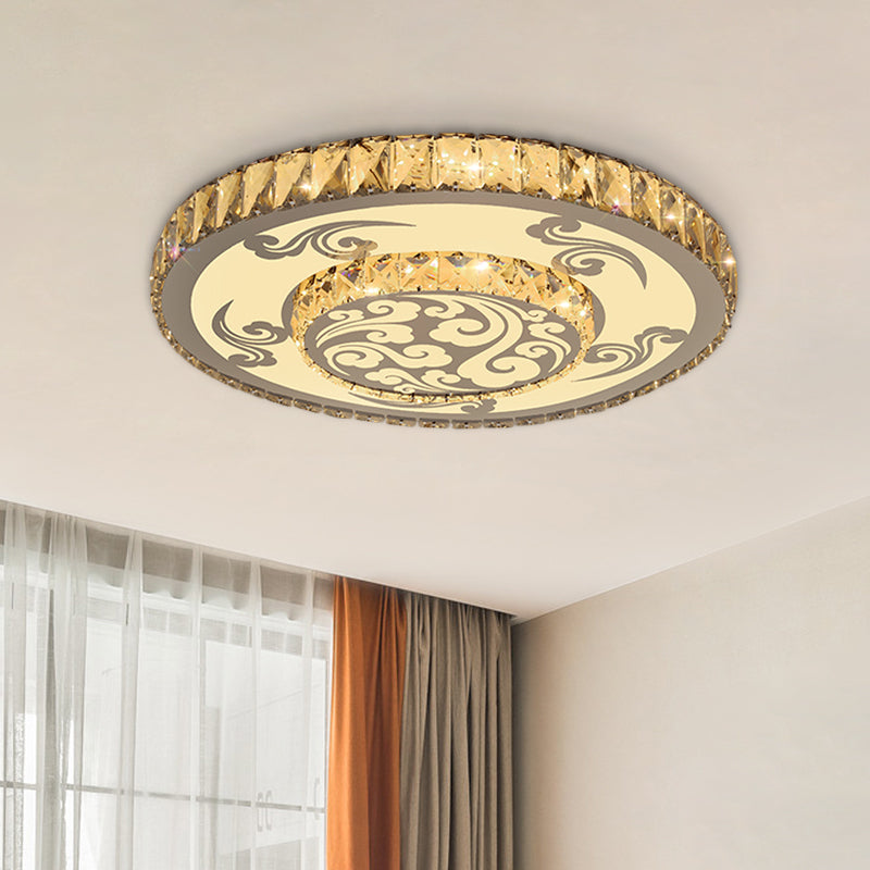 Modernist Crystal Block LED Flush Mount Ceiling Light with Nickel Finish - 2-Tier Round Design