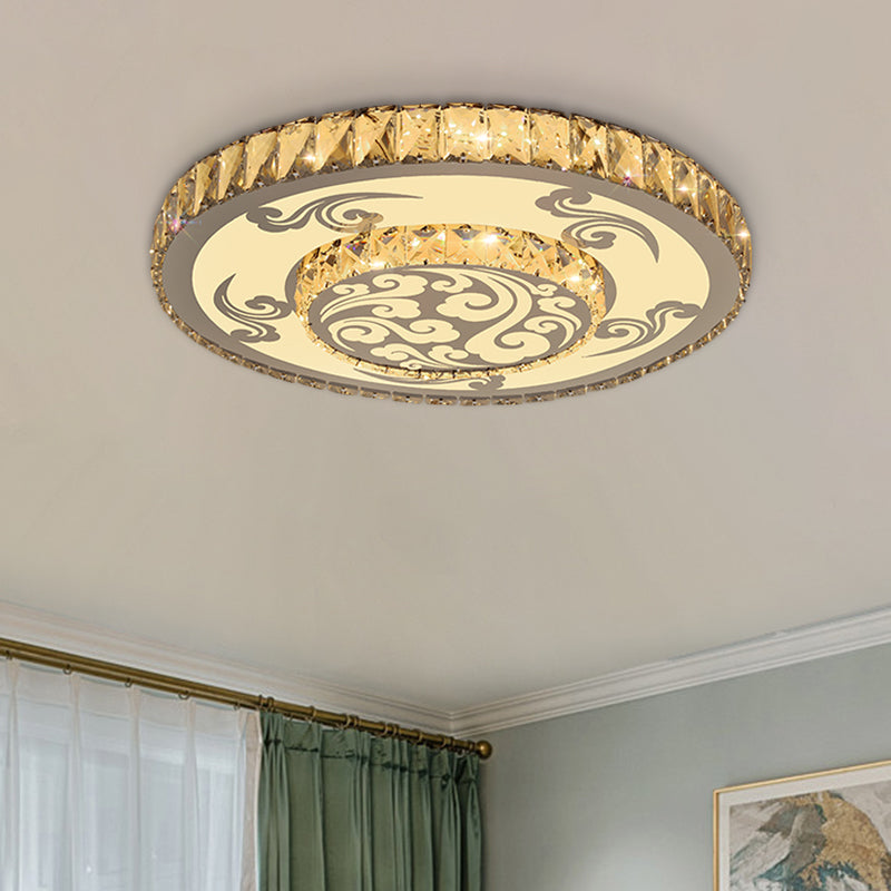 Modernist Crystal Block LED Flush Mount Ceiling Light with Nickel Finish - 2-Tier Round Design