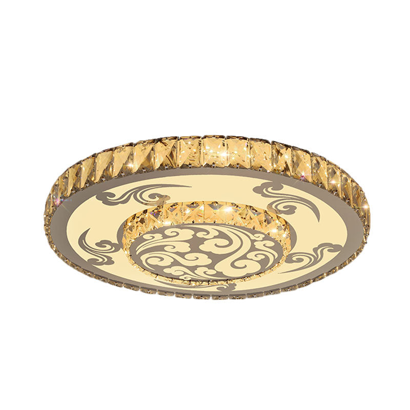 Modernist Crystal Block LED Flush Mount Ceiling Light with Nickel Finish - 2-Tier Round Design