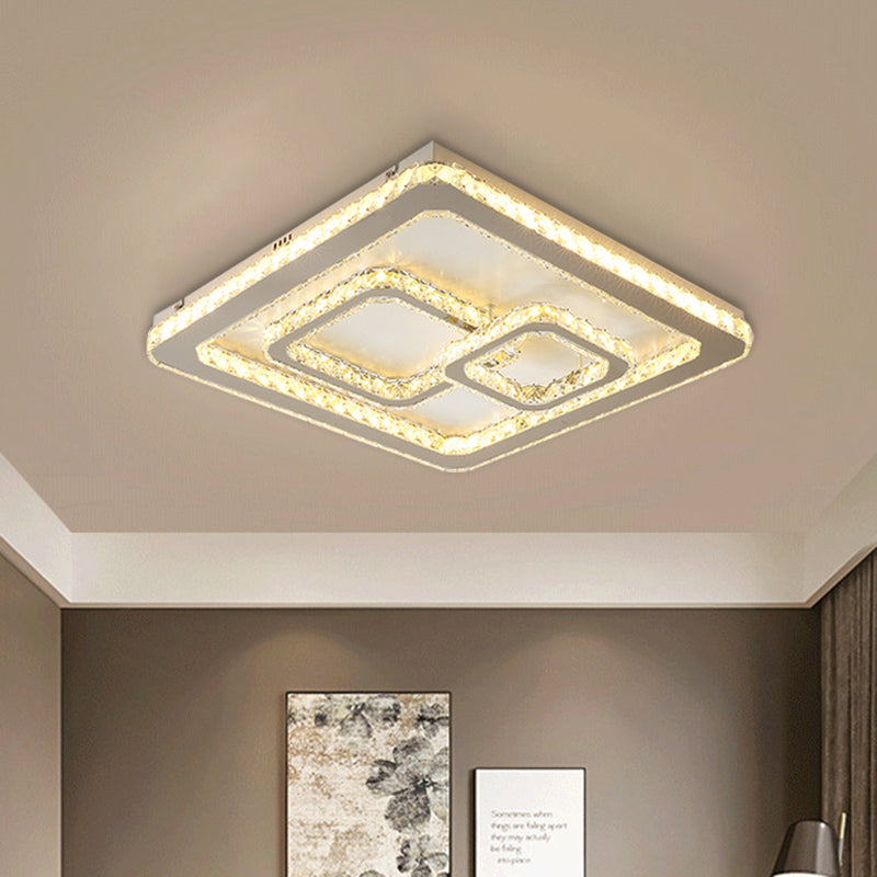 Minimal Squared Crystal Block LED Ceiling Lamp for Bedroom - Nickel Flushmount Light