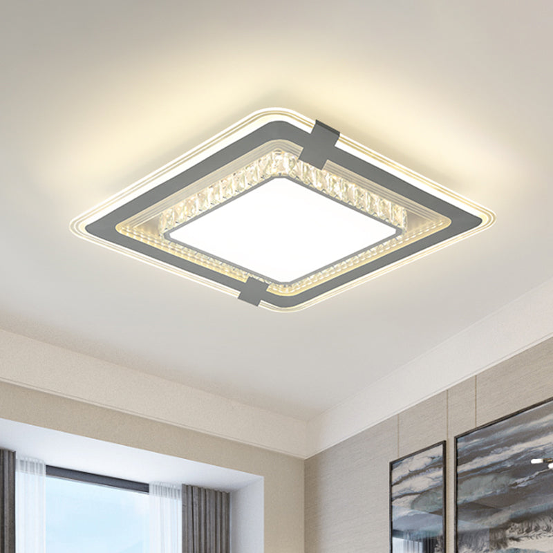 Minimalist LED Grey Flush Mount Fixture with Crystal Block Detail - Metal Square Flushmount Lighting