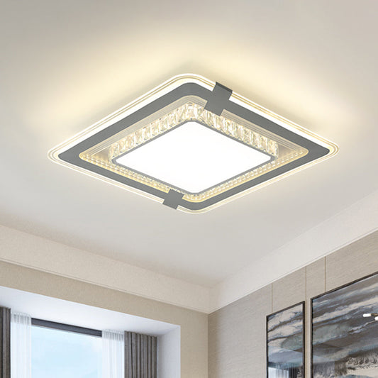 Minimalist LED Grey Flush Mount Fixture with Crystal Block Detail - Metal Square Flushmount Lighting