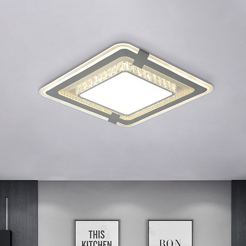 Minimalist LED Grey Flush Mount Fixture with Crystal Block Detail - Metal Square Flushmount Lighting