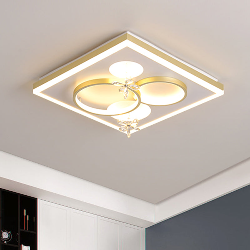 Modern LED Gold Flush Mount Light with Square Metal Frame and Flower Crystal Décor