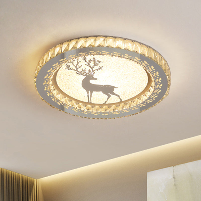LED Crystal-Block Flush Light with Deer Pattern - Modern Stainless-Steel Circle Flush Mount Fixture