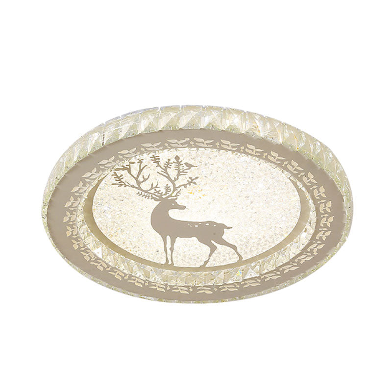 LED Crystal-Block Flush Light with Deer Pattern - Modern Stainless-Steel Circle Flush Mount Fixture