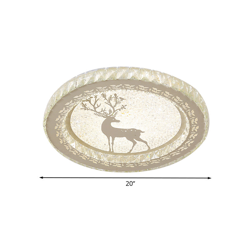 LED Crystal-Block Flush Light with Deer Pattern - Modern Stainless-Steel Circle Flush Mount Fixture