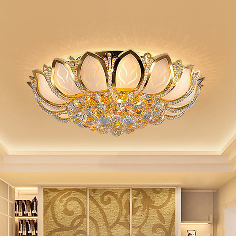 Modern Crystal Flower Flush Mount with 7 Heads in White and Gold for Living Room