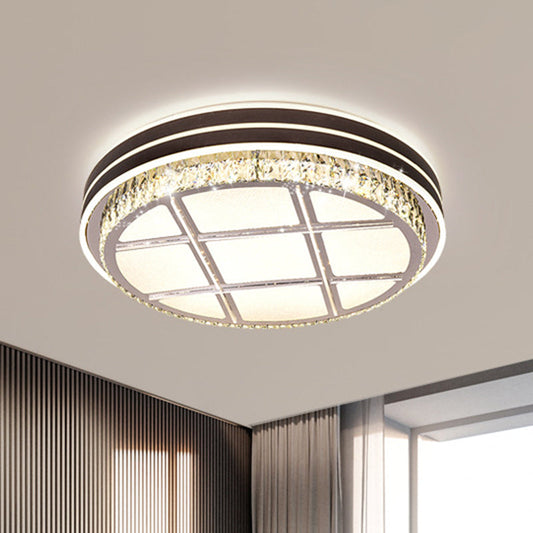 Contemporary Round Ceiling-Mount Crystal Block LED Flush Light for Bedroom in Brown