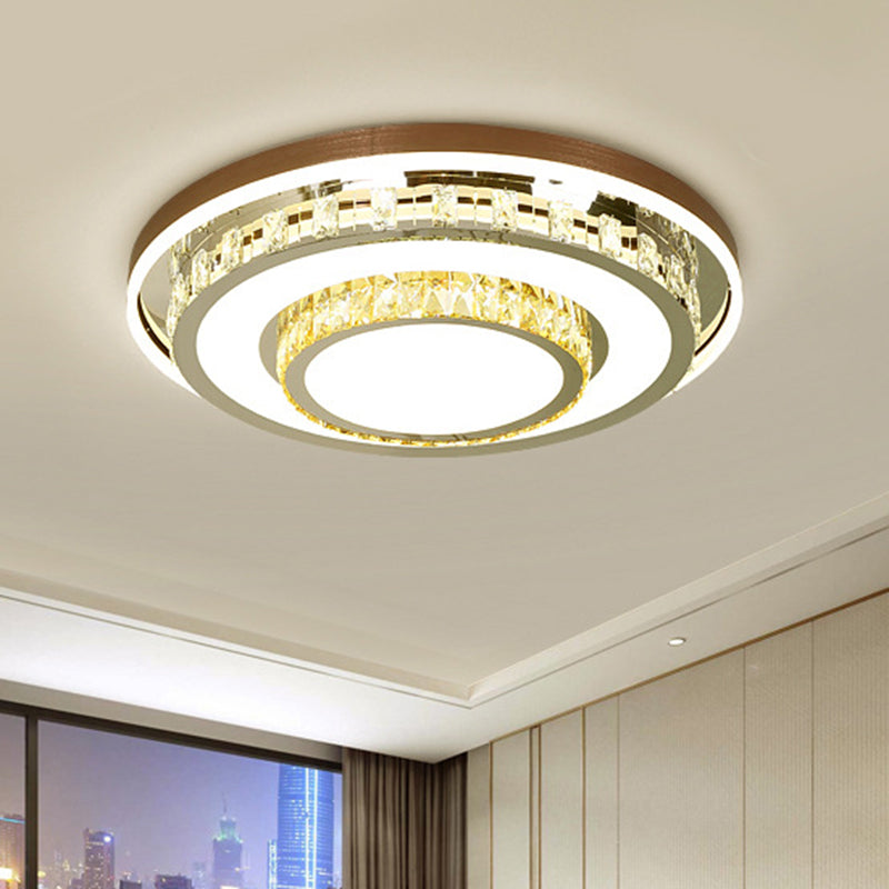 Modern LED Crystal Flush Mount Light Fixture - Stainless Steel Layered, Round Design