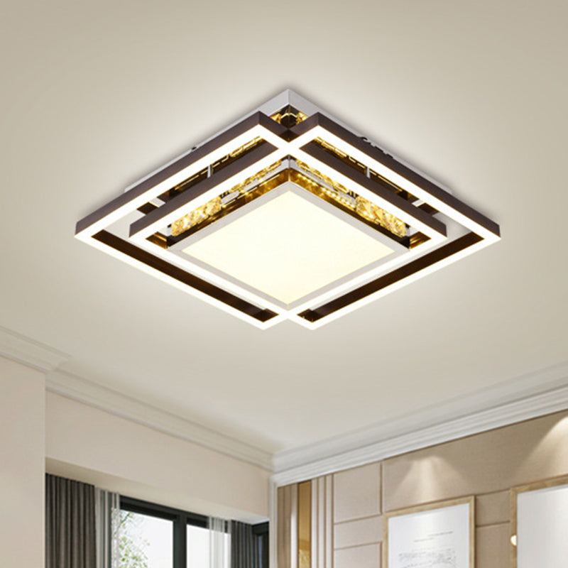 Flush Mounted Crystal LED Bedroom Ceiling Light in Nickel with Square Beveled Design