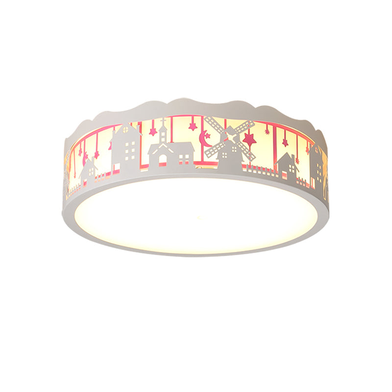 Kids Cartoon House Drum Flushmount LED Ceiling Light in Warm/White - Playroom Lamp