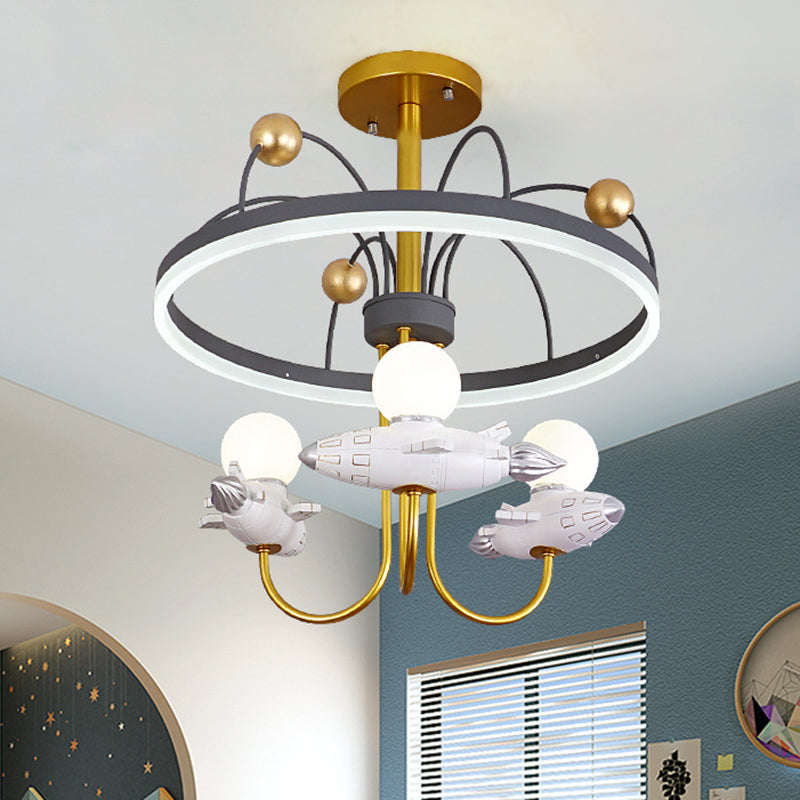 Gold and Grey Kid's Semi-Flush Chandelier with Rocket and Orbit Resin, 3-Bulb Ceiling Mount