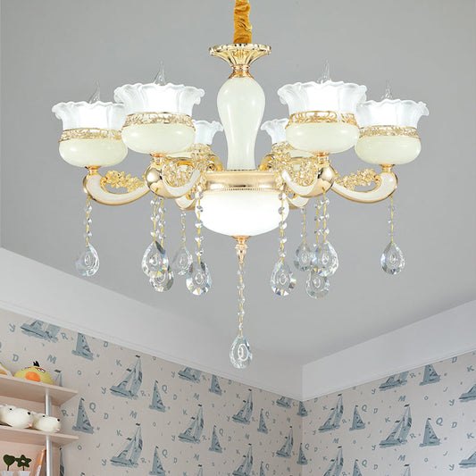 Modern Gold Chandelier with White Glass Shade - 6 Heads Ruffle-Edge Pendant for Bedroom Ceiling Lighting