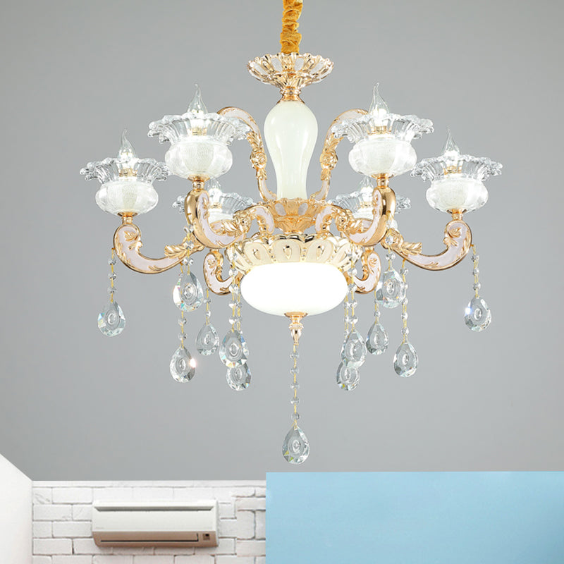 6-Light Gold Blossom Chandelier with Clear and Opal Glass - Contemporary Pendant for Bedroom