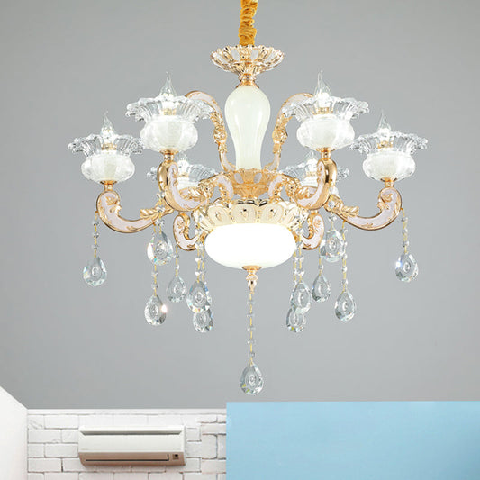 6-Light Gold Blossom Chandelier with Clear and Opal Glass - Contemporary Pendant for Bedroom