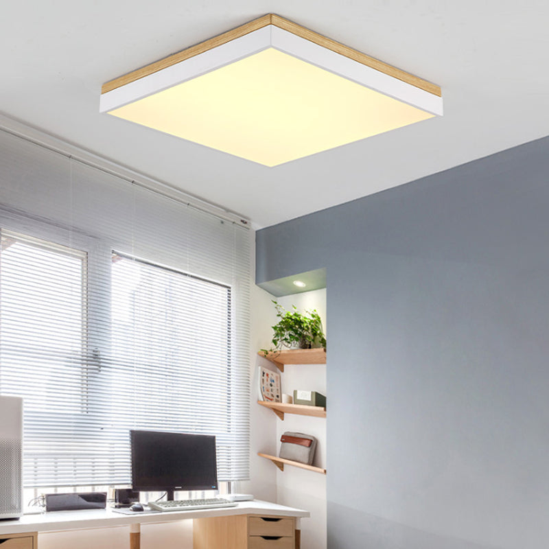 Nordic Style LED Ceiling Lamp – White Acrylic & Wood, Square Design, 16"/19.5" Width