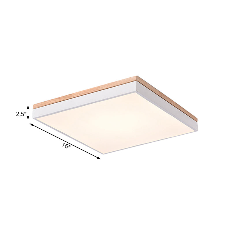 Nordic Style LED Ceiling Lamp – White Acrylic & Wood, Square Design, 16"/19.5" Width