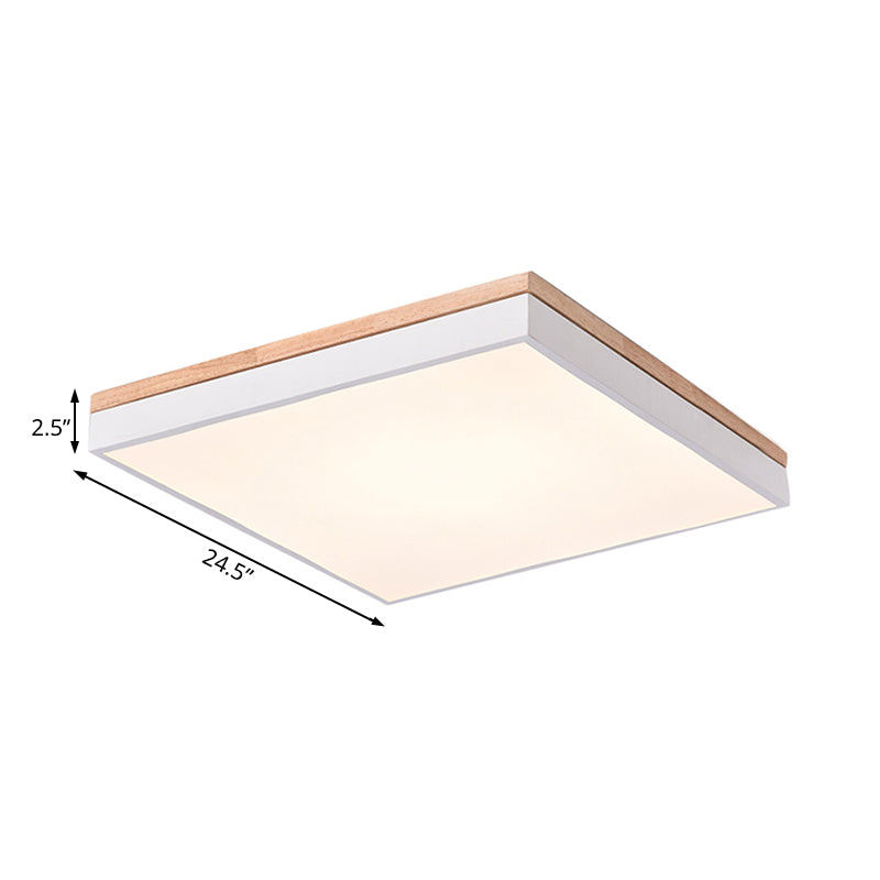 Nordic Style LED Ceiling Lamp – White Acrylic & Wood, Square Design, 16"/19.5" Width