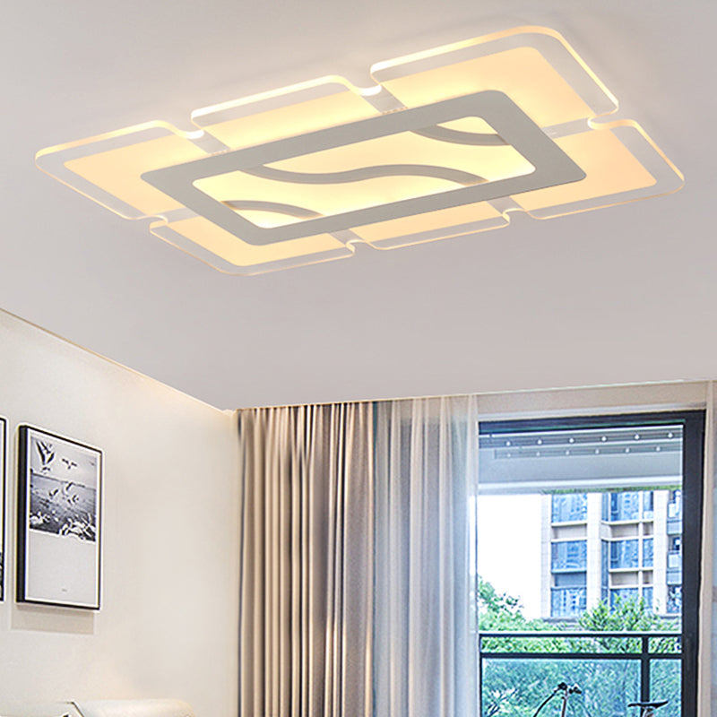 Simplicity Acrylic LED Flush Mount Ceiling Light - Rectangular, Wide in White, with Warm/White Light Options