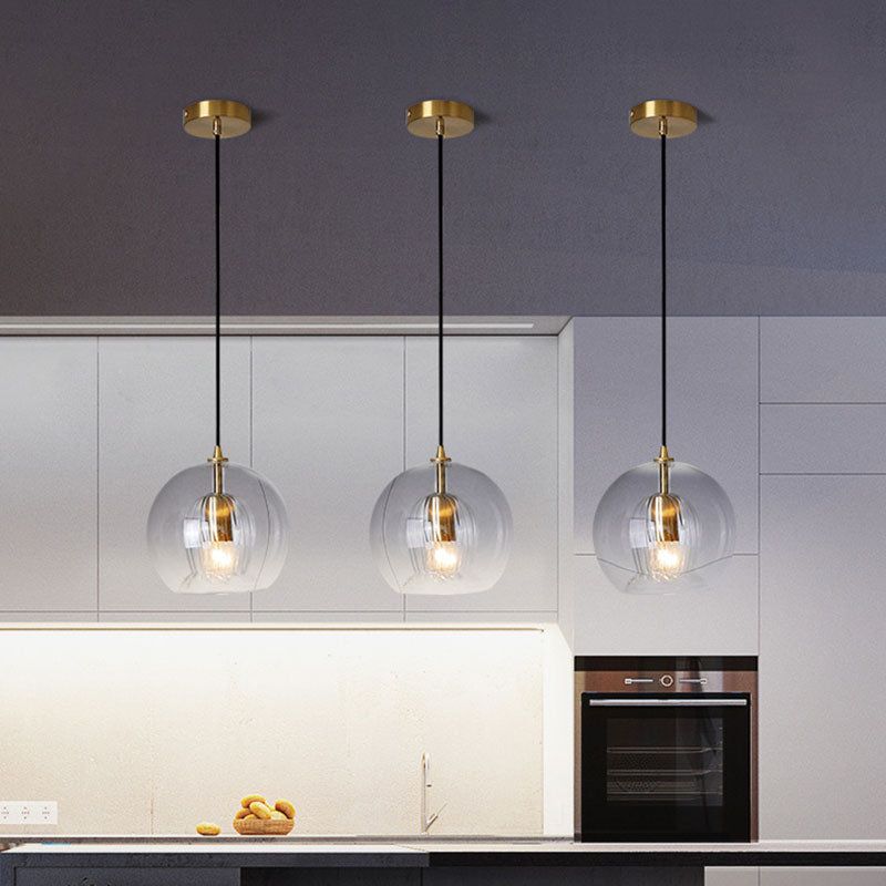 Gold Globe Double Shade Hanging Light Pendant for Dining Room - Clear Glass, 1 Bulb, 6"/8" Wide