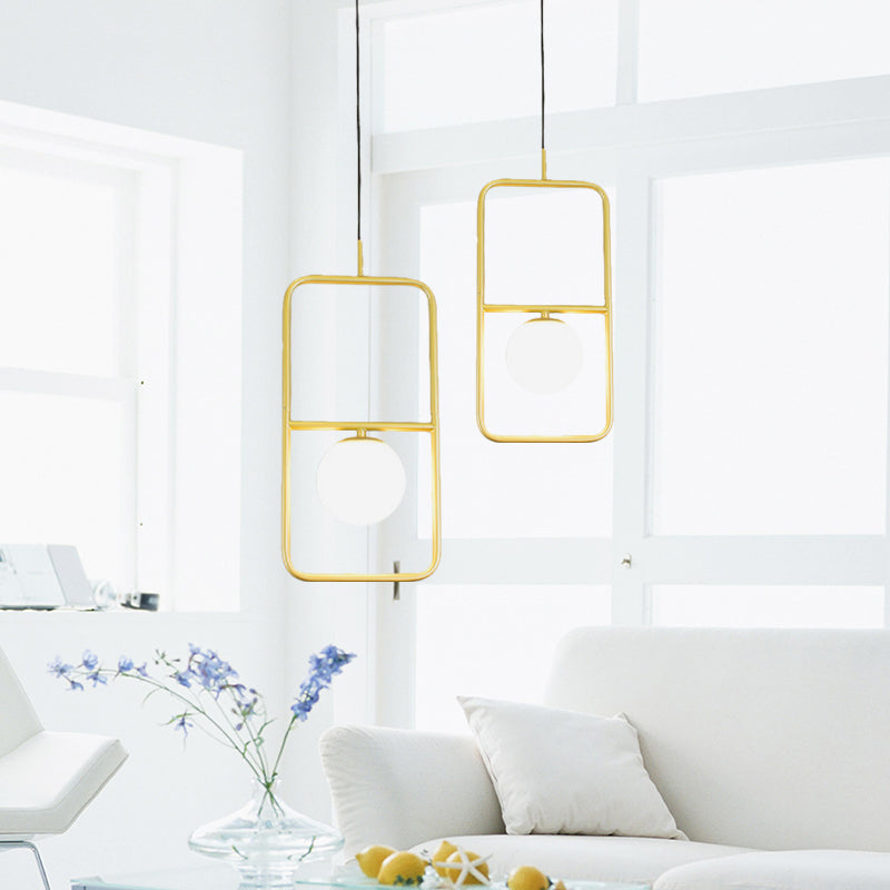 Post-Modern Gold Pendant Light with Ball Milk Glass Shade