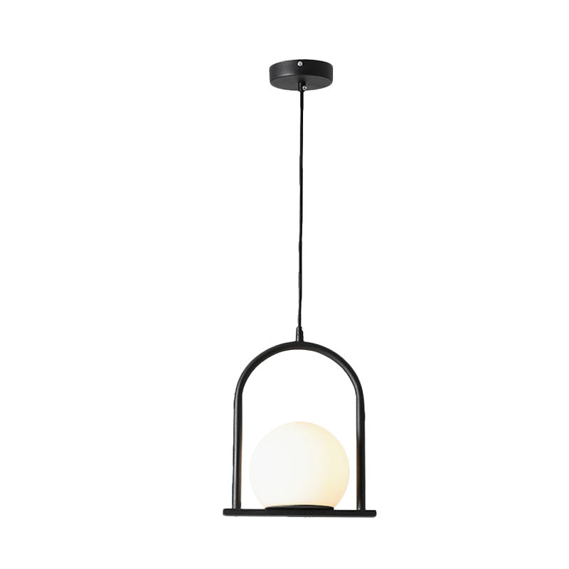 Nordic Arch Frame Pendant Light - Black/Gold, Opal Ball Glass, Suspended Ceiling Fixture with 1 Bulb