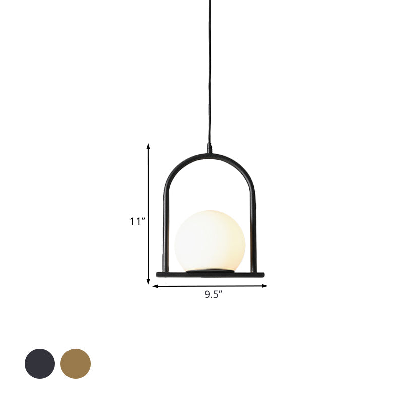 Modern Nordic Suspension Pendant Light With Arch Frame - Black/Gold Finish Opal Ball Glass Shade 1
