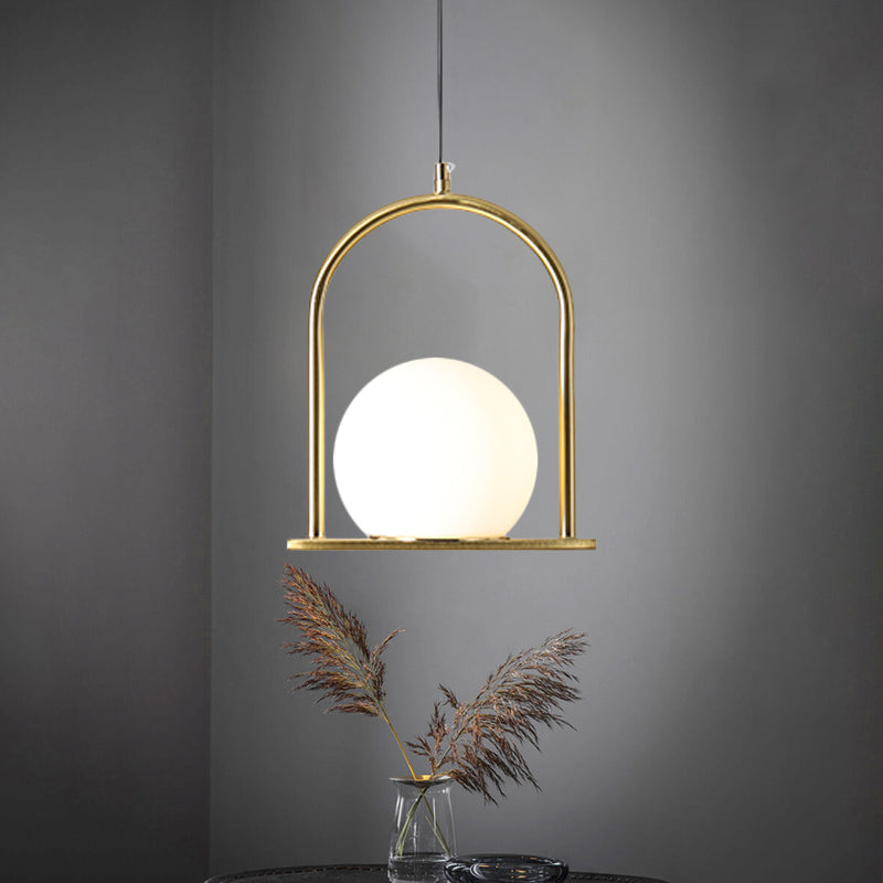 Modern Nordic Suspension Pendant Light With Arch Frame - Black/Gold Finish Opal Ball Glass Shade 1