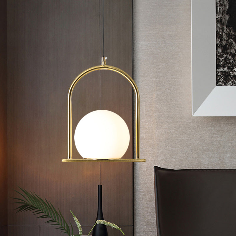 Modern Nordic Suspension Pendant Light With Arch Frame - Black/Gold Finish Opal Ball Glass Shade 1