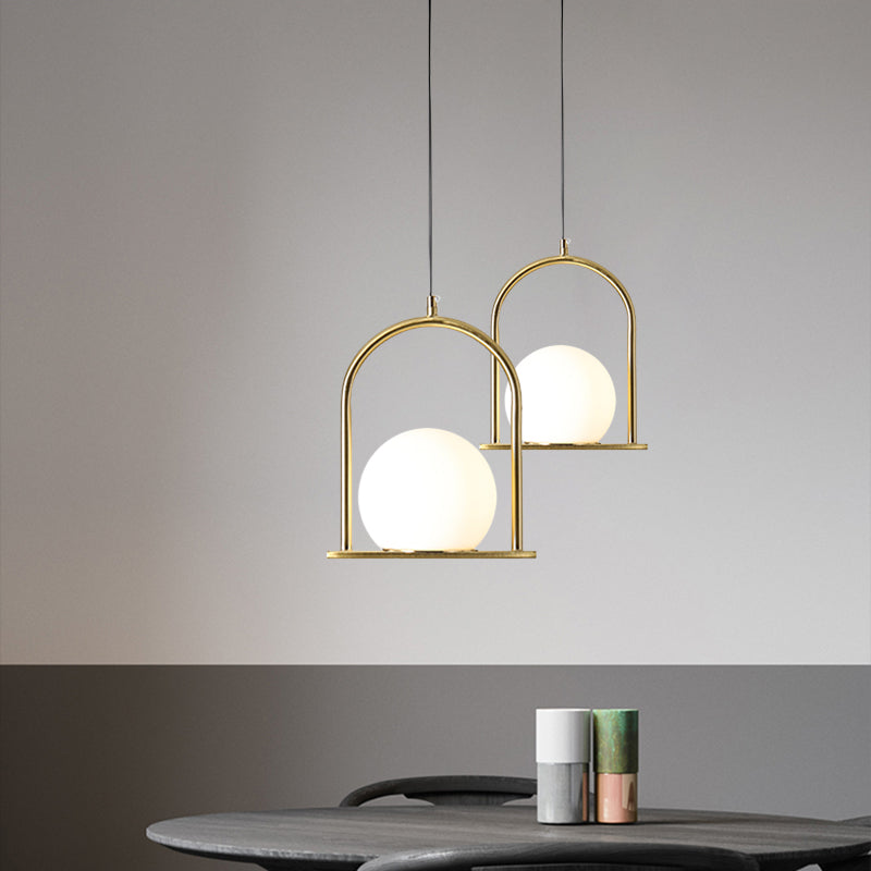 Nordic Arch Frame Pendant Light - Black/Gold, Opal Ball Glass, Suspended Ceiling Fixture with 1 Bulb