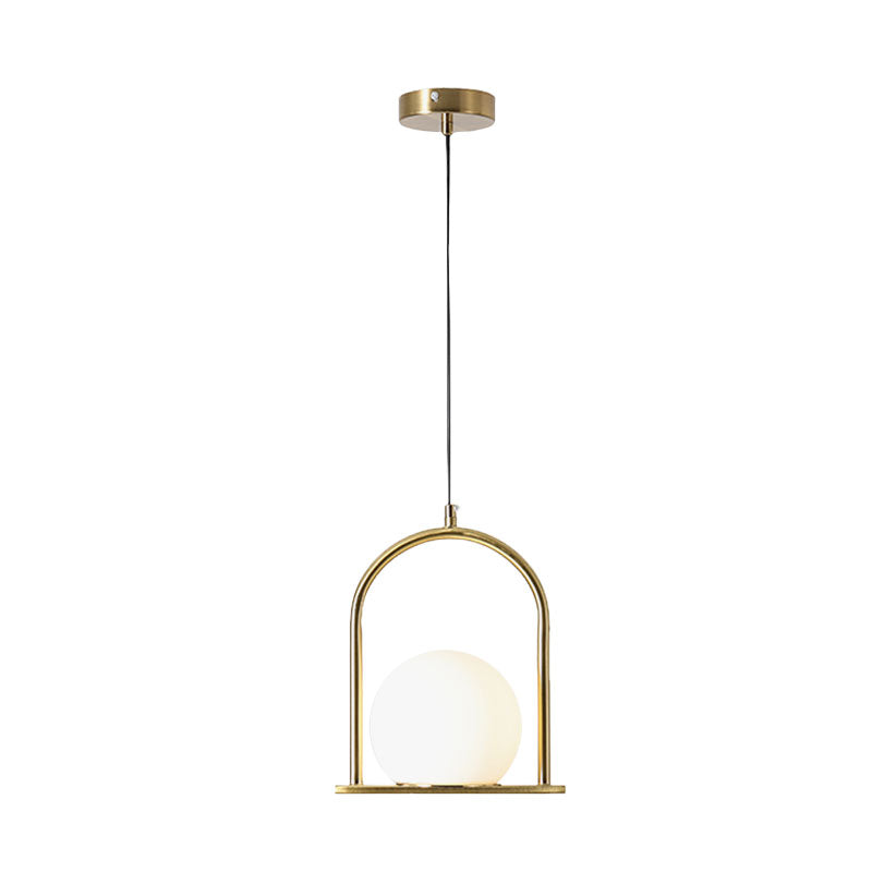 Modern Nordic Suspension Pendant Light With Arch Frame - Black/Gold Finish Opal Ball Glass Shade 1