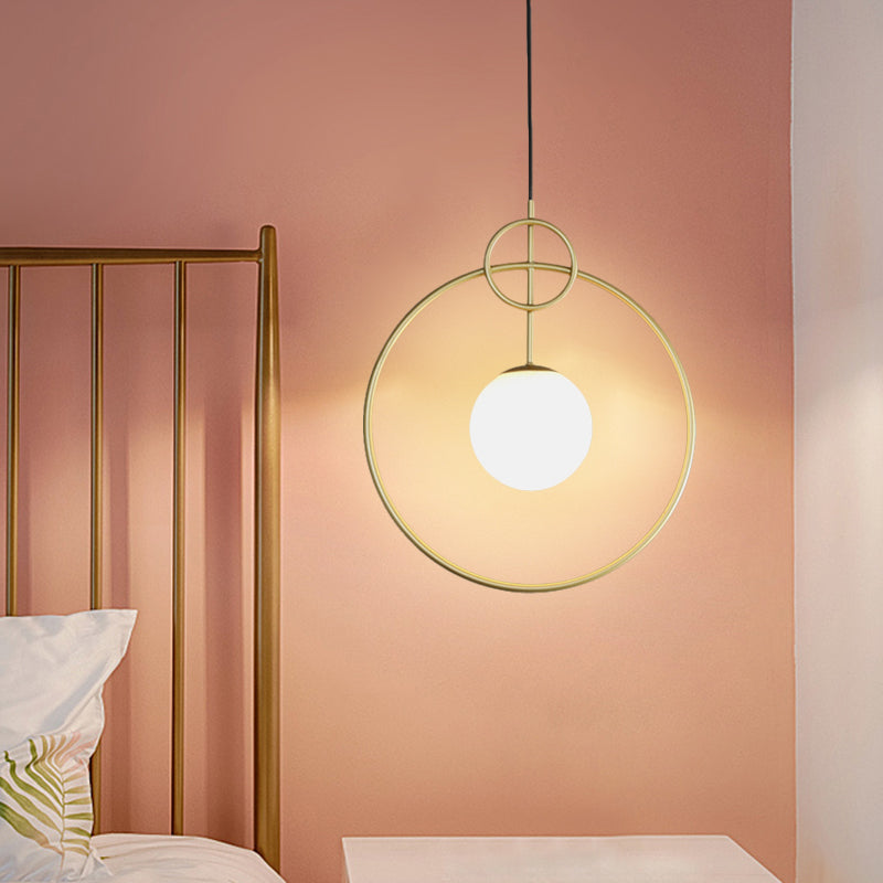 Postmodern Milk Glass Ball Pendant Light Fixture, Gold Circles - 1-Light Dining Room Ceiling Lamp