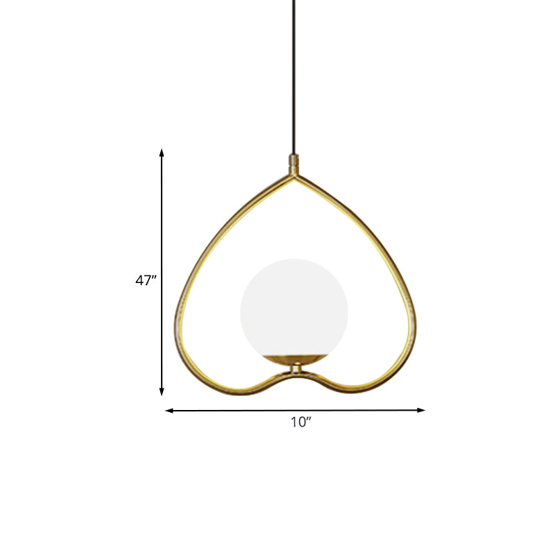 Modern Gold Pendant Light with Heart-Shaped Down Lighting, Metal Frame, and Opal Glass Shade