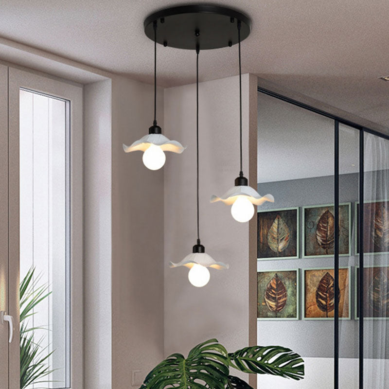 Modern White Metallic Pendant Light with Ruffled Edge and Multiple Heads