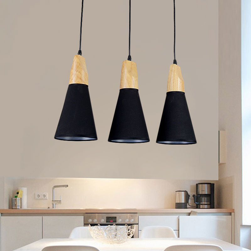 Contemporary White/Black Fabric and Wood Pendant Lamp - 3 Lights Cone Hanging Ceiling Light
