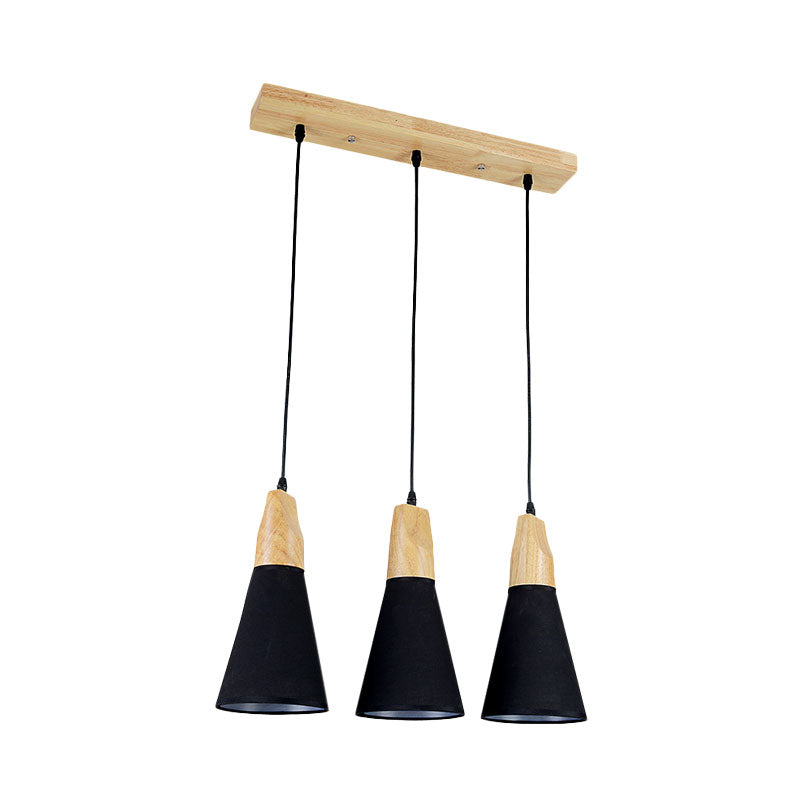 Contemporary White/Black Fabric and Wood Pendant Lamp - 3 Lights Cone Hanging Ceiling Light